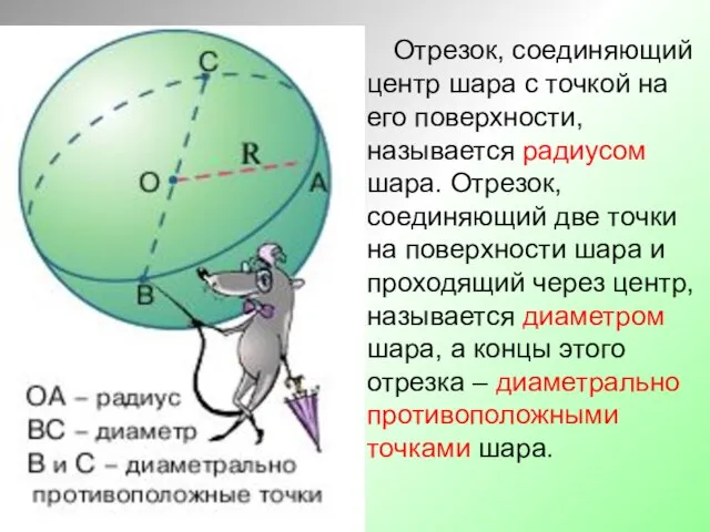 Отрезок, соединяющий центр шара с точкой на его поверхности, называется радиусом шара.