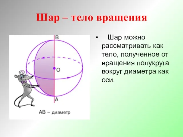 Шар – тело вращения Шар можно рассматривать как тело, полученное от вращения