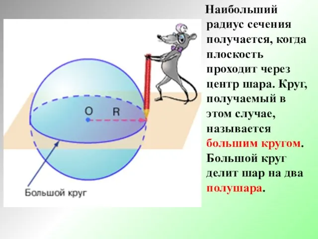 Наибольший радиус сечения получается, когда плоскость проходит через центр шара. Круг, получаемый