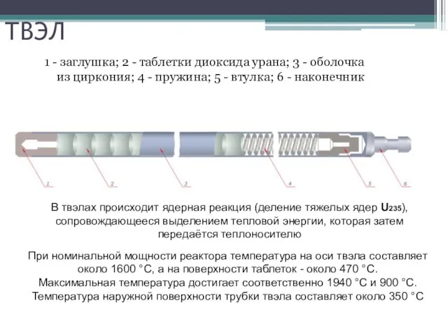 ТВЭЛ 1 - заглушка; 2 - таблетки диоксида урана; 3 - оболочка