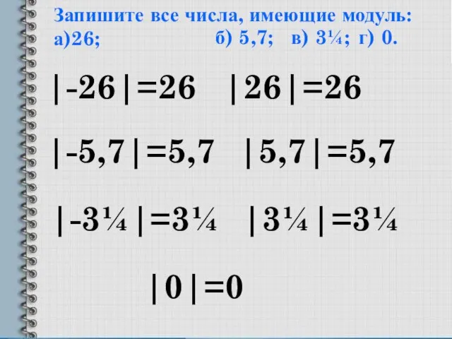 Запишите все числа, имеющие модуль: а)26; |-26|=26 |26|=26 б) 5,7; |-5,7|=5,7 |5,7|=5,7