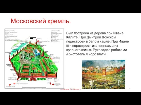 Московский кремль. Был построен из дерева при Иване Калите. При Дмитрии Донском