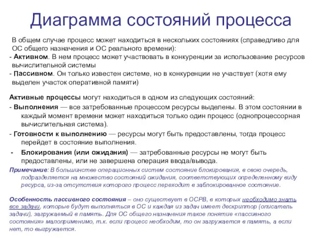 Диаграмма состояний процесса Активные процессы могут находиться в одном из следующих состояний: