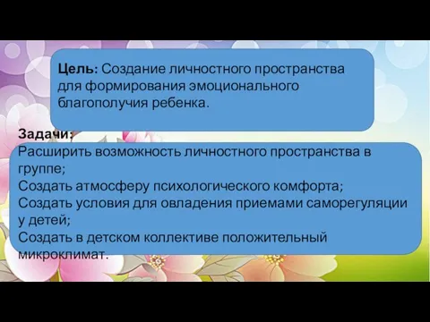 Цель: Создание личностного пространства для формирования эмоционального благополучия ребенка. Задачи: Расширить возможность