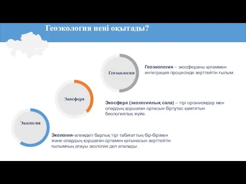 Геоэкология нені оқытады? Экология Экосфера Геоэкология Экология-әлемдегі барлық тірі табиғаттың бір-бірімен және