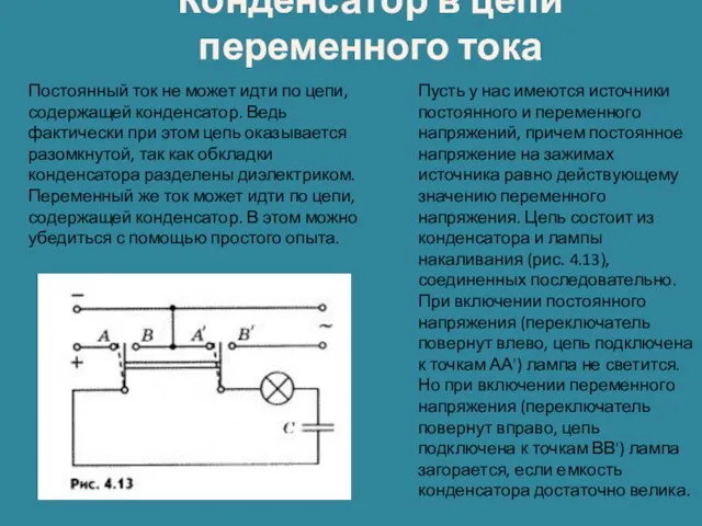 Конденсатор в цепи переменного тока Постоянный ток не может идти по цепи,