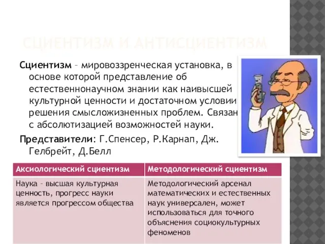 СЦИЕНТИЗМ И АНТИСЦИЕНТИЗМ Сциентизм – мировоззренческая установка, в основе которой представление об