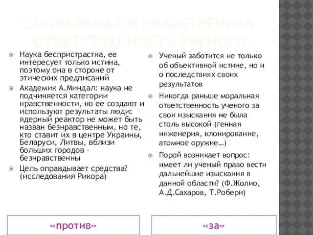 СОЦИАЛЬНАЯ И НРАВСТВЕННАЯ ОТВЕТСТВЕННОСТЬ УЧЕНОГО «против» «за» Наука беспристрастна, ее интересует только