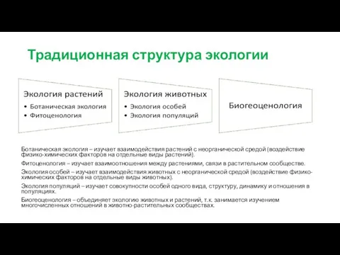 Традиционная структура экологии Ботаническая экология – изучает взаимодействия растений с неорганической средой