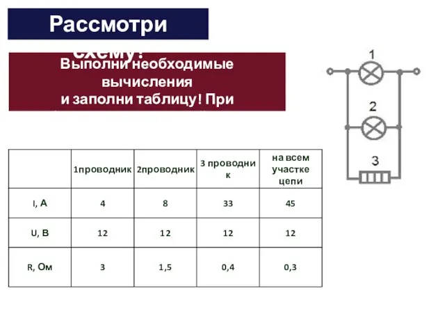 Выполни необходимые вычисления и заполни таблицу! При необходимости округляй ответ до десятых. Рассмотри схему!