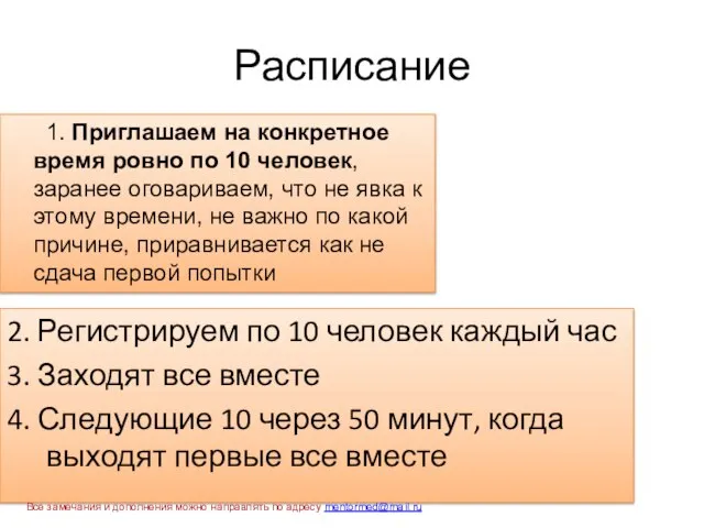 Расписание 2. Регистрируем по 10 человек каждый час 3. Заходят все вместе