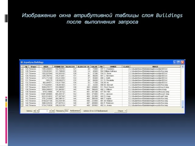 Изображение окна атрибутивной таблицы слоя Buildings после выполнения запроса