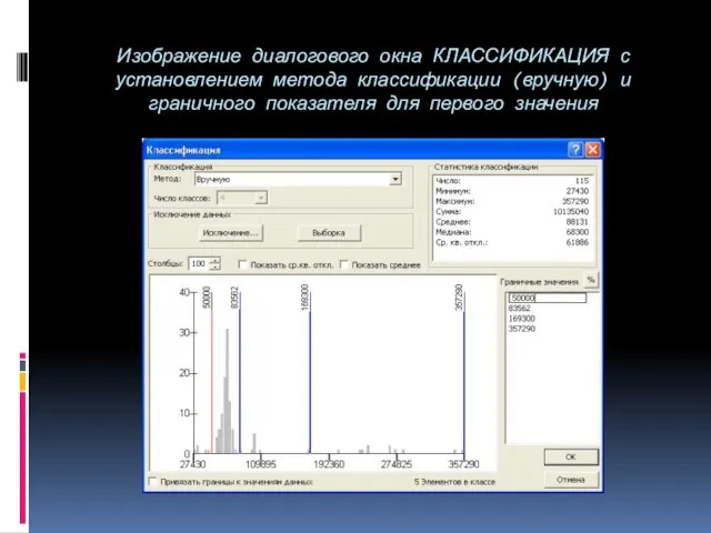 Изображение диалогового окна КЛАССИФИКАЦИЯ с установлением метода классификации (вручную) и граничного показателя для первого значения