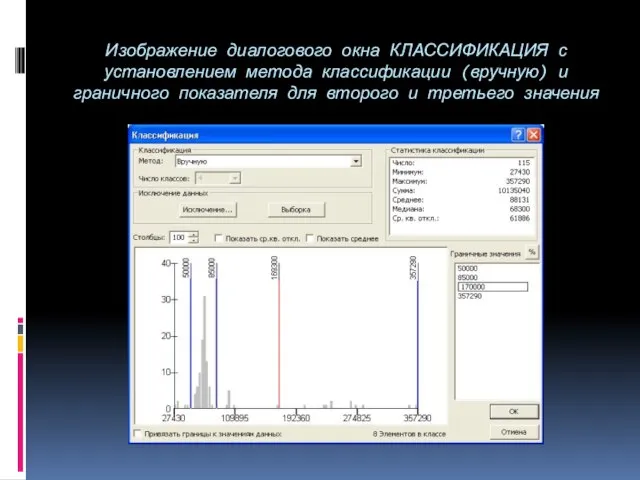 Изображение диалогового окна КЛАССИФИКАЦИЯ с установлением метода классификации (вручную) и граничного показателя