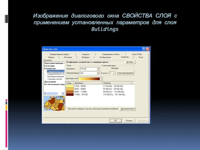 Изображение диалогового окна СВОЙСТВА СЛОЯ с применением установленных параметров для слоя Buildings