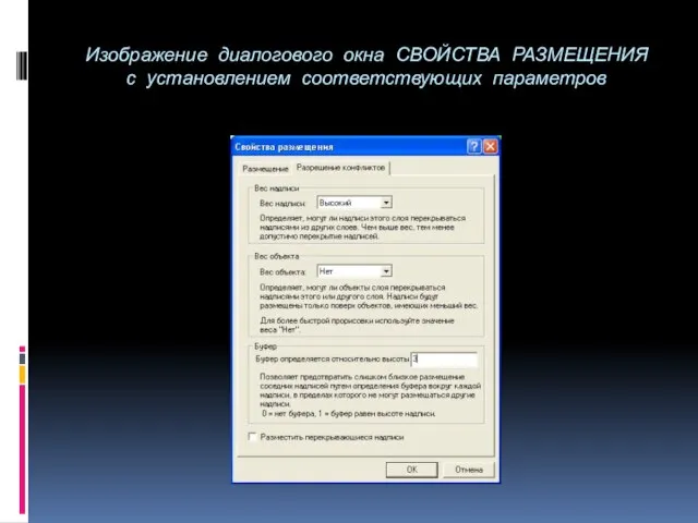 Изображение диалогового окна СВОЙСТВА РАЗМЕЩЕНИЯ с установлением соответствующих параметров
