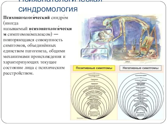 Психопатологическая синдромология Психопатологи́ческий синдро́м (иногда называемый психопатологи́ческим симптомоко́мплексом) — повторяющаяся совокупность симптомов,