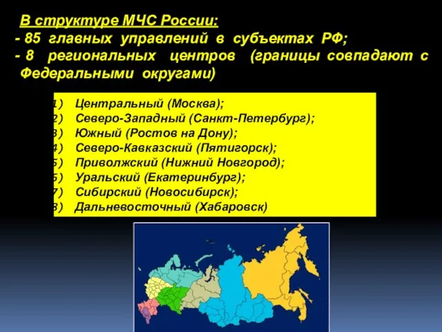 Центральный (Москва); Северо-Западный (Санкт-Петербург); Южный (Ростов на Дону); Северо-Кавказский (Пятигорск); Приволжский (Нижний