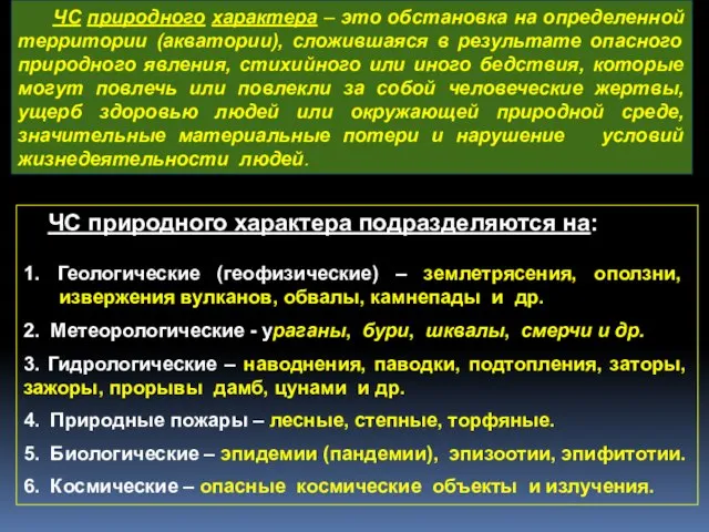 ЧС природного характера – это обстановка на определенной территории (акватории), сложившаяся в