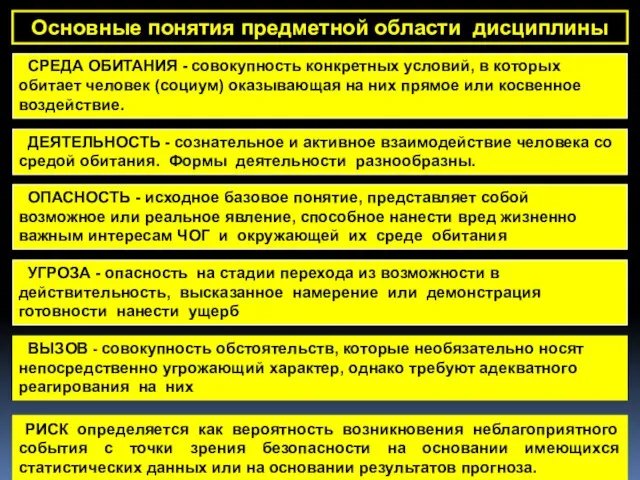 Основные понятия предметной области дисциплины ОПАСНОСТЬ - исходное базовое понятие, представляет собой