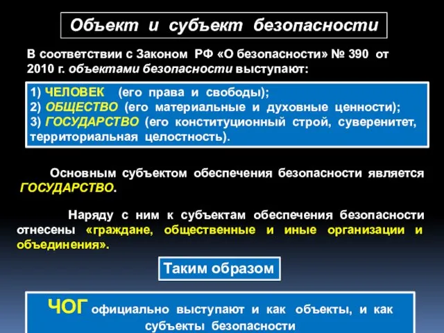Объект и субъект безопасности В соответствии с Законом РФ «О безопасности» №