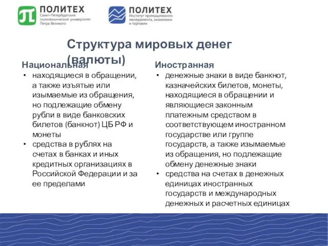 Структура мировых денег(валюты) Национальная находящиеся в обращении, а также изъятые или изымаемые