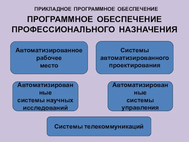 ПРОГРАММНОЕ ОБЕСПЕЧЕНИЕ ПРОФЕССИОНАЛЬНОГО НАЗНАЧЕНИЯ Автоматизированное рабочее место Автоматизированные системы научных исследований Системы