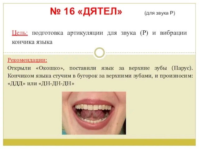 № 16 «ДЯТЕЛ» (для звука Р) Цель: подготовка артикуляции для звука (Р)