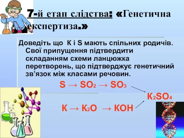 7-й етап слідства: «Генетична експертиза.» Доведіть що К і S мають спільних