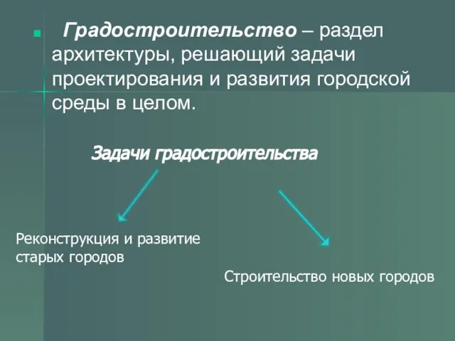 Градостроительство – раздел архитектуры, решающий задачи проектирования и развития городской среды в