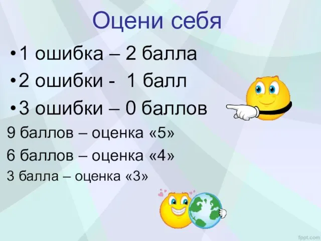 Оцени себя 1 ошибка – 2 балла 2 ошибки - 1 балл