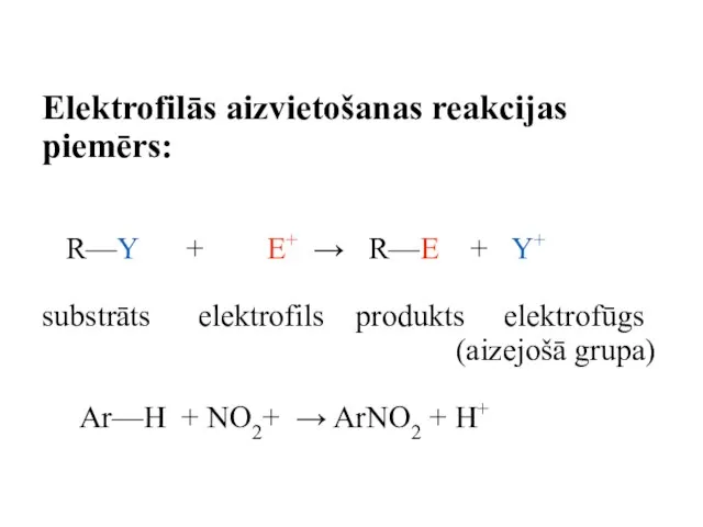 Elektrofilās aizvietošanas reakcijas piemērs: R—Y + E+ → R—E + Y+ substrāts