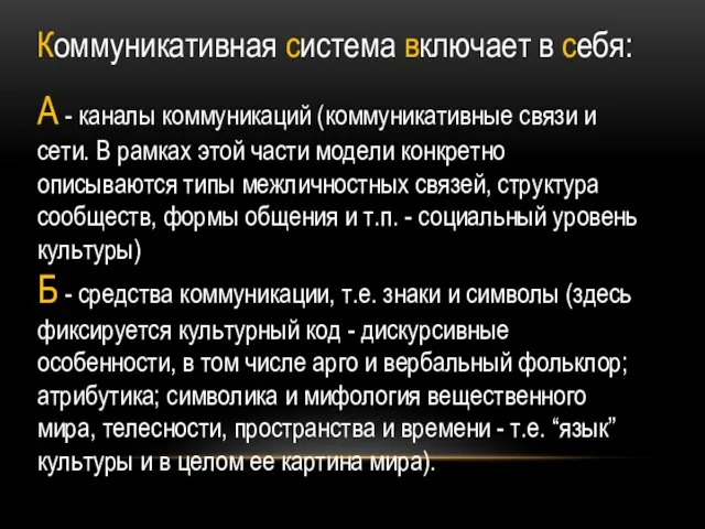 Коммуникативная система включает в себя: А - каналы коммуникаций (коммуникативные связи и