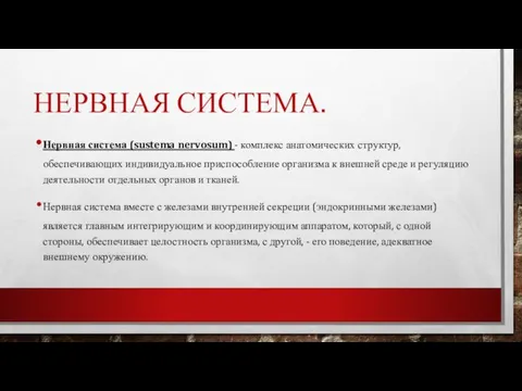 НЕРВНАЯ СИСТЕМА. Нервная система (sustema nervosum) - комплекс анатомических структур, обеспечивающих индивидуальное