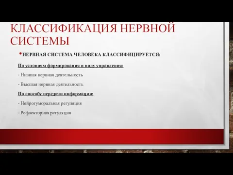 КЛАССИФИКАЦИЯ НЕРВНОЙ СИСТЕМЫ НЕРВНАЯ СИСТЕМА ЧЕЛОВЕКА КЛАССИФИЦИРУЕТСЯ: По условиям формирования и виду