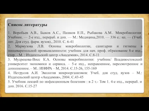 Список литературы 1. Воробьев А.В., Быков А.С., Пашков Е.П., Рыбакова А.М.. Микробиология: