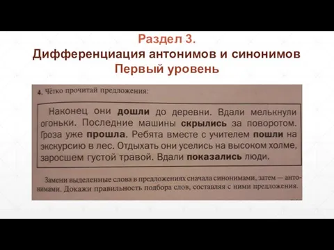 Дифференциация антонимов и синонимов Первый уровень Раздел 3.