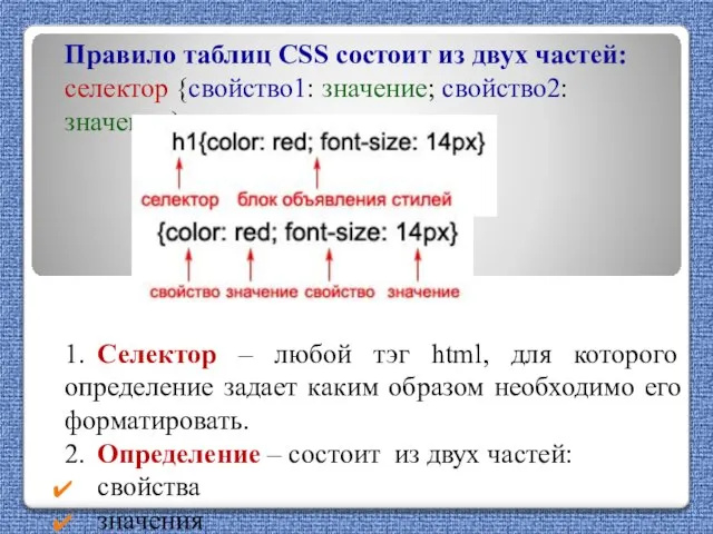 Правило таблиц CSS состоит из двух частей: селектор {свойство1: значение; свойство2: значение}