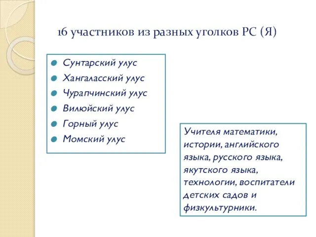 16 участников из разных уголков РС (Я) Сунтарский улус Хангаласский улус Чурапчинский