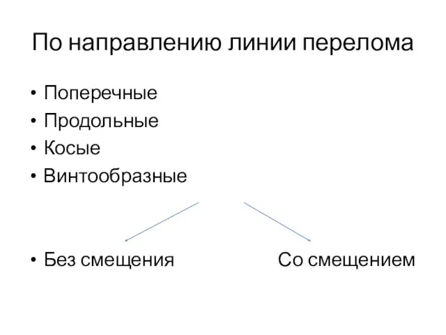 По направлению линии перелома Поперечные Продольные Косые Винтообразные Без смещения Со смещением