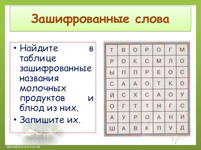 Зашифрованные слова Найдите в таблице зашифрованные названия молочных продуктов и блюд из них. Запишите их.