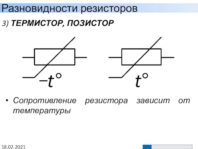 Разновидности резисторов 18.02.2021 3) ТЕРМИСТОР, ПОЗИСТОР Сопротивление резистора зависит от температуры