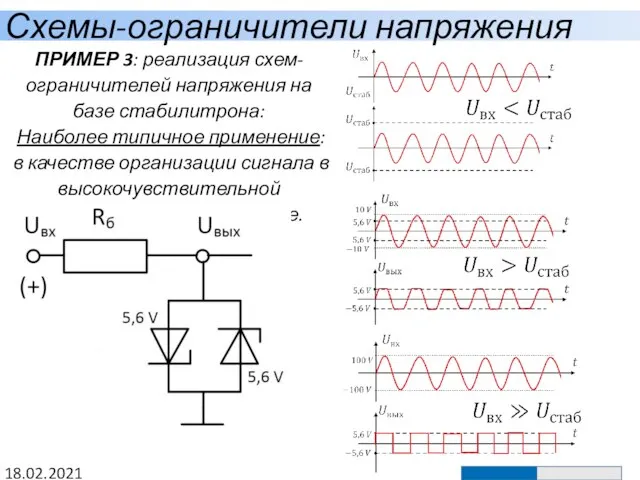 Схемы-ограничители напряжения 18.02.2021 ПРИМЕР 3: реализация схем-ограничителей напряжения на базе стабилитрона: Наиболее