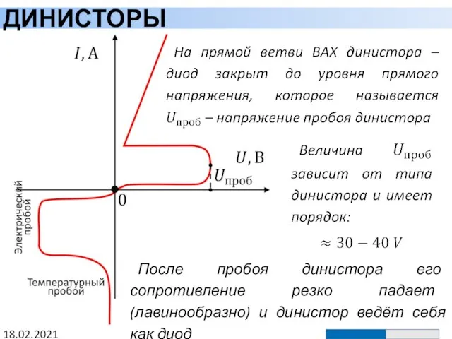 ДИНИСТОРЫ 18.02.2021 После пробоя динистора его сопротивление резко падает (лавинообразно) и динистор ведёт себя как диод