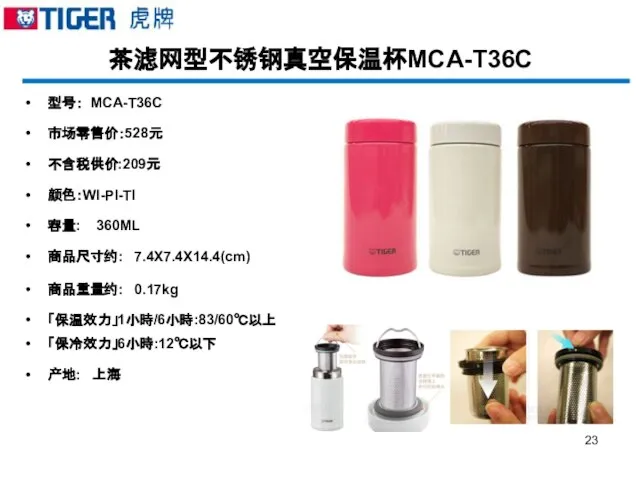 茶滤网型不锈钢真空保温杯MCA-T36C 型号： MCA-T36C 市场零售价：528元 不含税供价:209元 颜色：WI-PI-TI 容量: 360ML 商品尺寸约: 7.4X7.4X14.4(cm) 商品重量约: 0.17kg 「保温效力」1小時/6小時:83/60℃以上 「保冷效力」6小時:12℃以下 产地: 上海