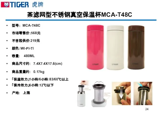 茶滤网型不锈钢真空保温杯MCA-T48C 型号： MCA-T48C 市场零售价：568元 不含税供价:219元 颜色：WI-PI-TI 容量: 480ML 商品尺寸约: 7.4X7.4X17.6(cm) 商品重量约: 0.17kg 「保温效力」1小時/6小時:83/60℃以上 「保冷效力」6小時:12℃以下 产地: 上海