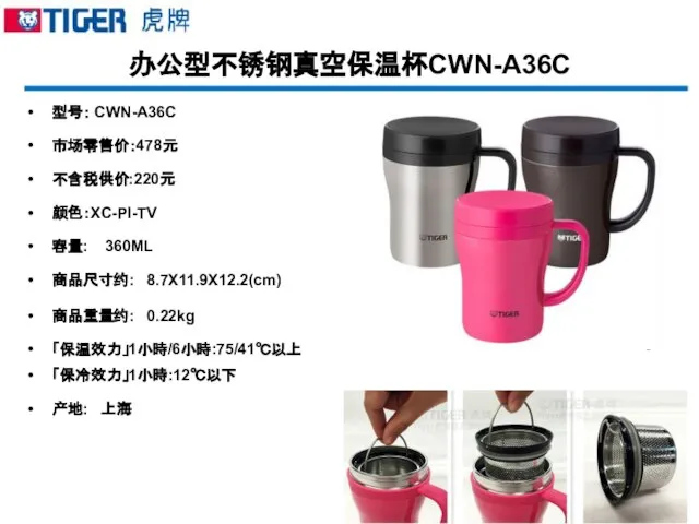 办公型不锈钢真空保温杯CWN-A36C 型号： CWN-A36C 市场零售价：478元 不含税供价:220元 颜色：XC-PI-TV 容量: 360ML 商品尺寸约: 8.7X11.9X12.2(cm) 商品重量约: 0.22kg 「保温效力」1小時/6小時:75/41℃以上 「保冷效力」1小時:12℃以下 产地: 上海