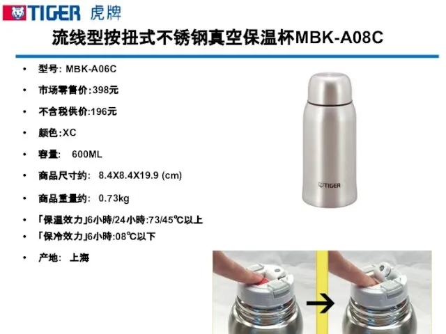 流线型按扭式不锈钢真空保温杯MBK-A08C 型号： MBK-A06C 市场零售价：398元 不含税供价:196元 颜色：XC 容量: 600ML 商品尺寸约: 8.4X8.4X19.9 (cm) 商品重量约: