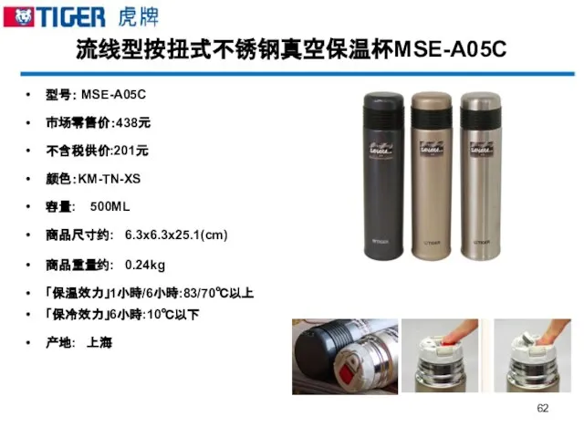 流线型按扭式不锈钢真空保温杯MSE-A05C 型号： MSE-A05C 市场零售价：438元 不含税供价:201元 颜色：KM-TN-XS 容量: 500ML 商品尺寸约: 6.3x6.3x25.1(cm) 商品重量约: 0.24kg 「保温效力」1小時/6小時:83/70℃以上 「保冷效力」6小時:10℃以下 产地: 上海