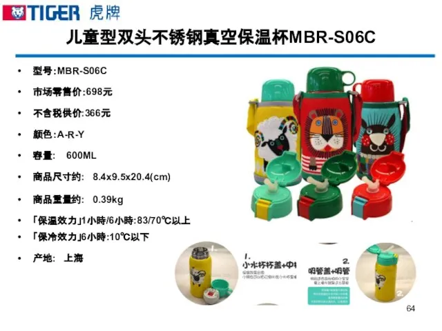 儿童型双头不锈钢真空保温杯MBR-S06C 型号：MBR-S06C 市场零售价：698元 不含税供价:366元 颜色：A-R-Y 容量: 600ML 商品尺寸约: 8.4x9.5x20.4(cm) 商品重量约: 0.39kg 「保温效力」1小時/6小時:83/70℃以上 「保冷效力」6小時:10℃以下 产地: 上海